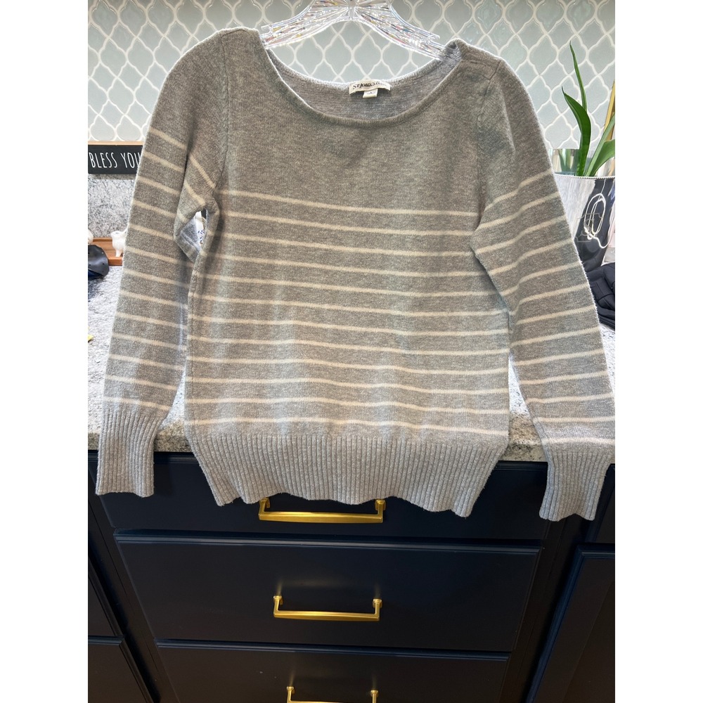 St Johns Bay Womens Gray White Striped Scoop Neck Pullover Sweater Large L